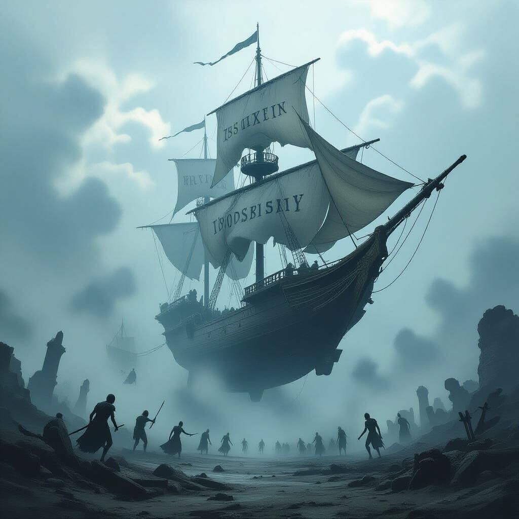 Ancient Airship Over Desolate Battlefield in Dark Fantasy St...