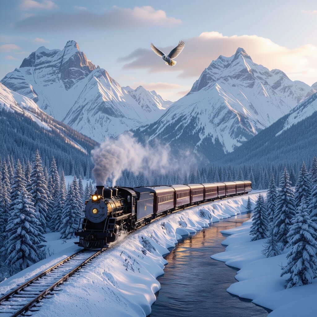 Snowy Mountains Connected by Ornate Train Track