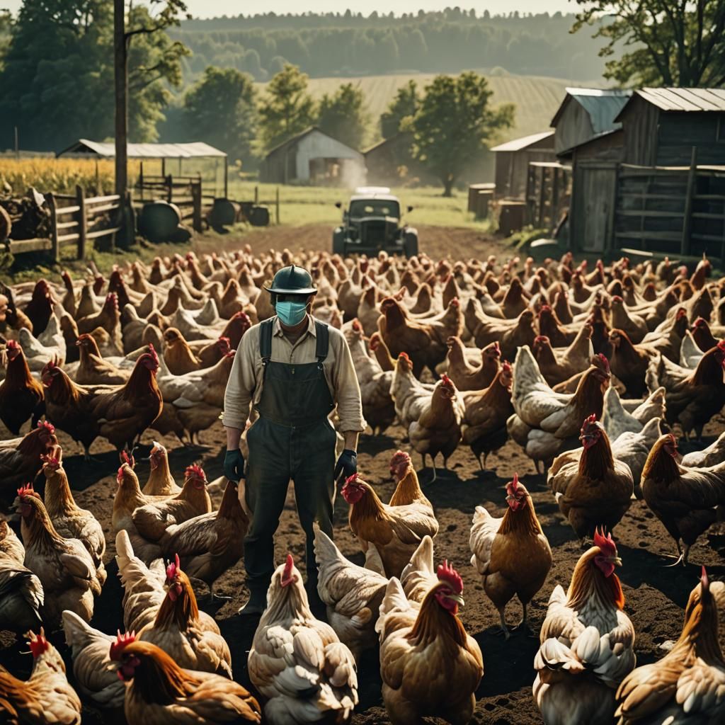 Dystopian Farm: Masked Figures Tend Monstrous Chickens