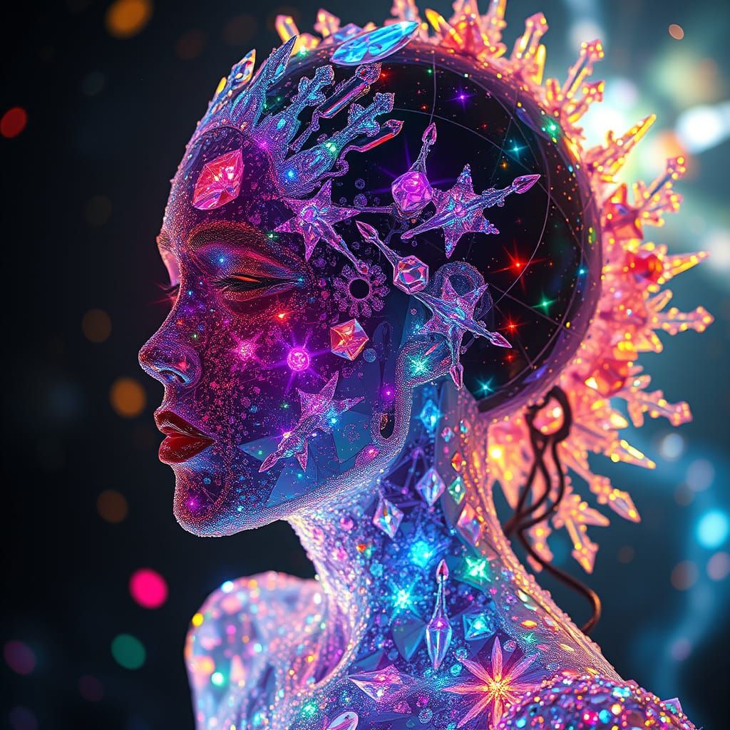 Ethereal Crystalline Being in Neon Hues