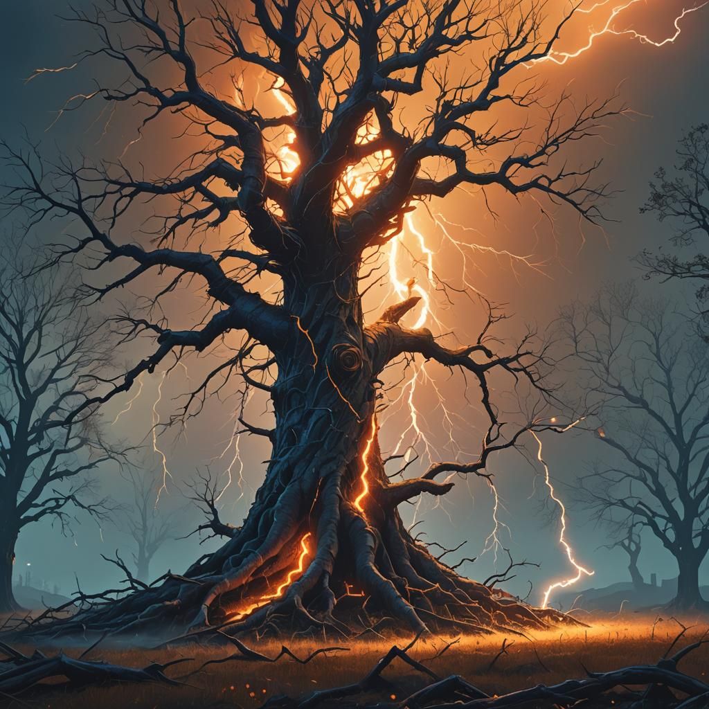 Lightning Strikes Mystical Tree: Digital Matte Painting