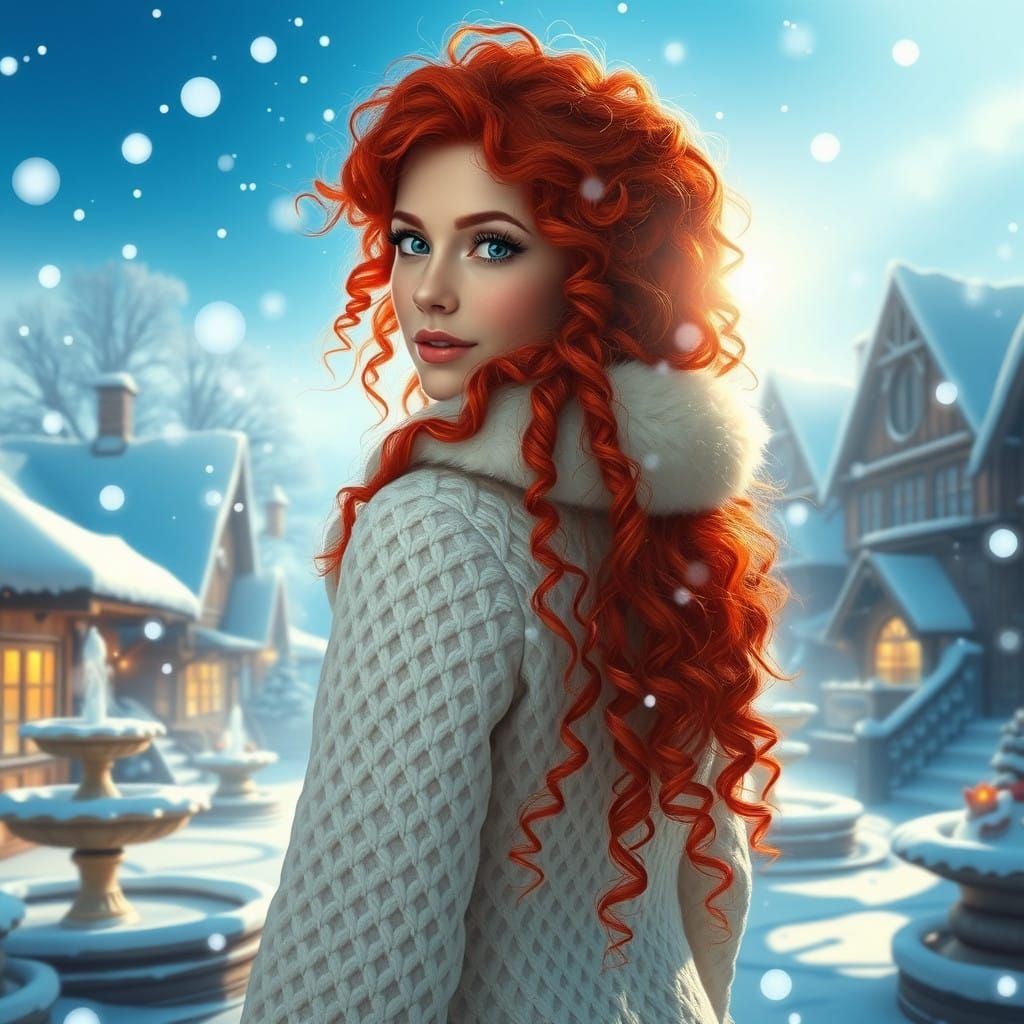 Serene Winter Village with a Vibrant Redhead