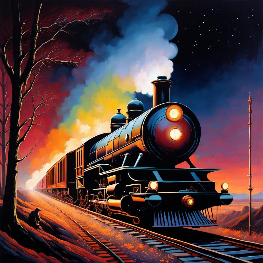 Steampunk Night Train in Sci-Fi Oil Painting Style