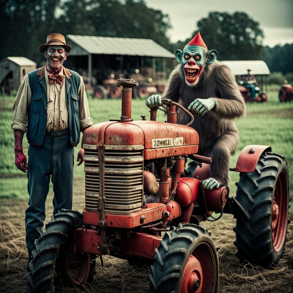 Zombie Monkey Clown Farmers Around Antique Tractor
