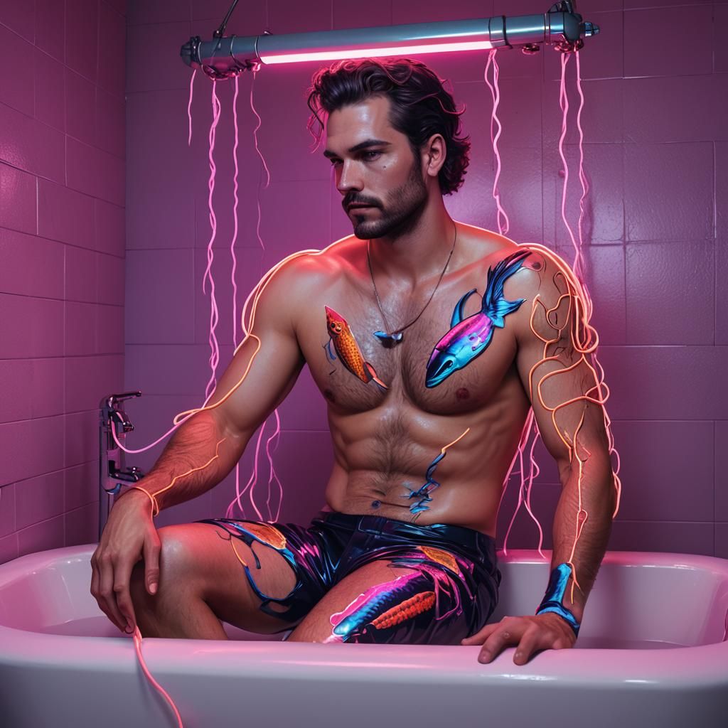 Synthwave Neon Art: Merman in Bathtub