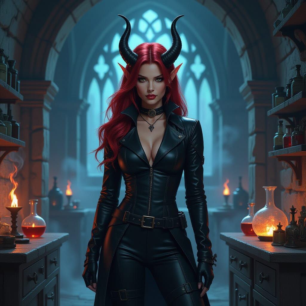 Tiefling Alchemist in Arcane Laboratory, Dark Fantasy Style