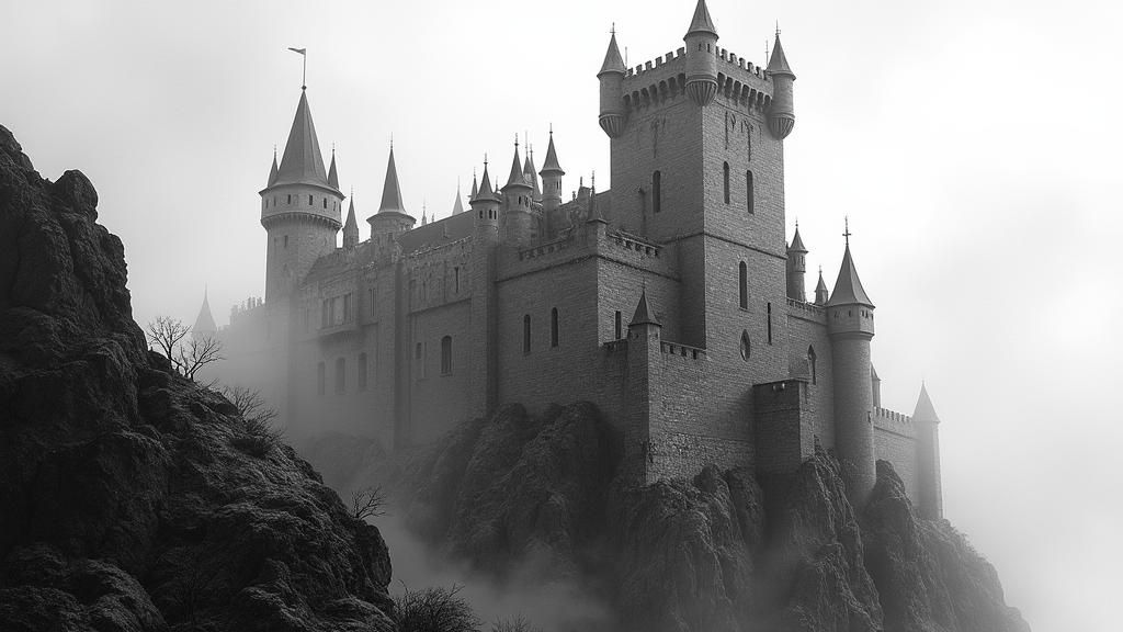 Medieval Castle in High Contrast Black and White with Gothic...