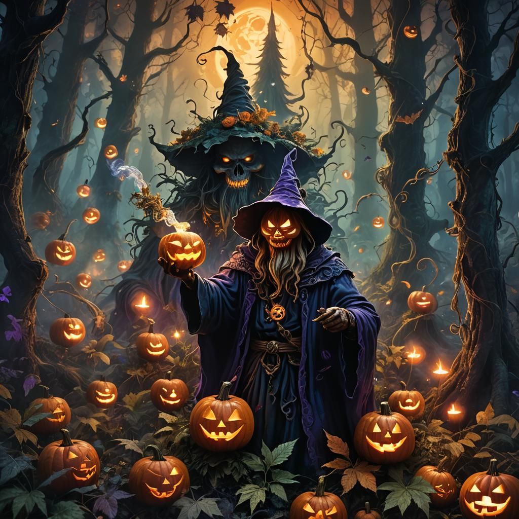 Jack-o-Lantern Sorcerer with Crystal Bong in Dark Fantasy