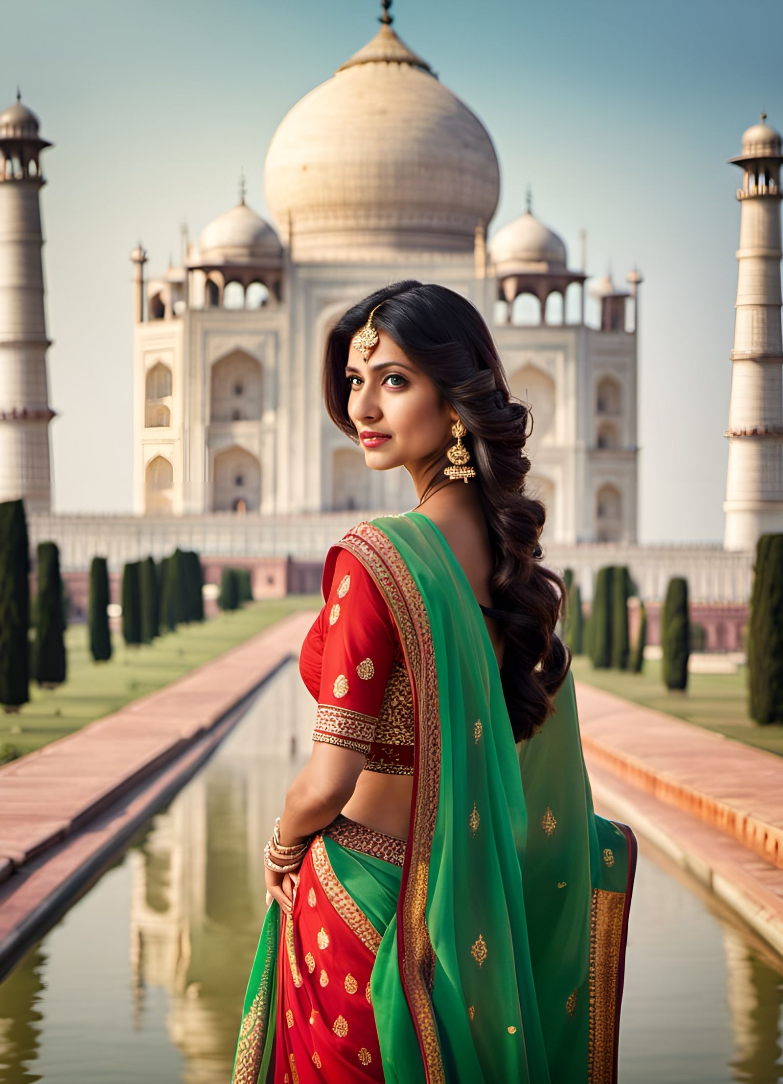 Indian Girl in Saree at Taj Mahal: Photorealistic Portrait