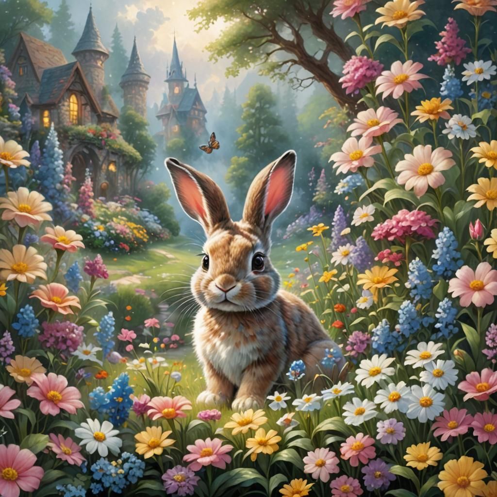 Ethereal Bunny in Summer Flower Garden