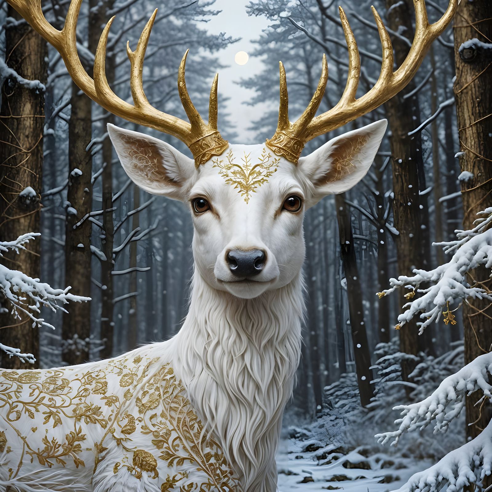 Lace Deer with Golden Eyes in Snowy Forest