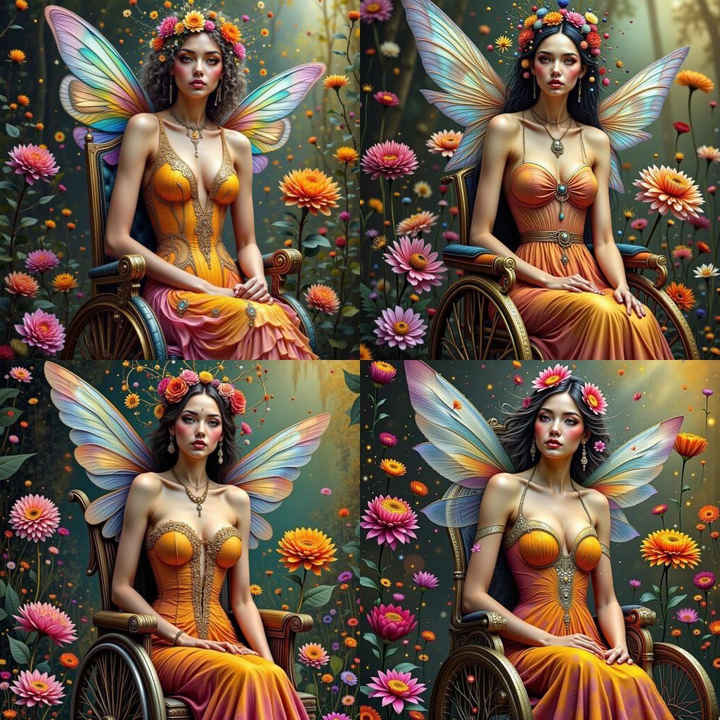 Ethereal Fairy in Antique Wheelchair, Amidst Vibrant Wildflo...