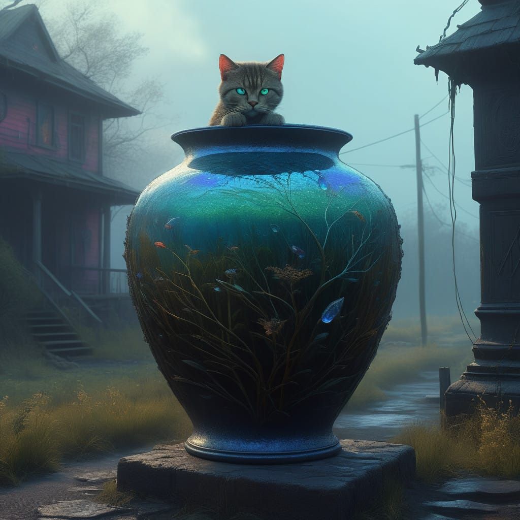 Whimsical Feline Emerges from Enchanted Vase