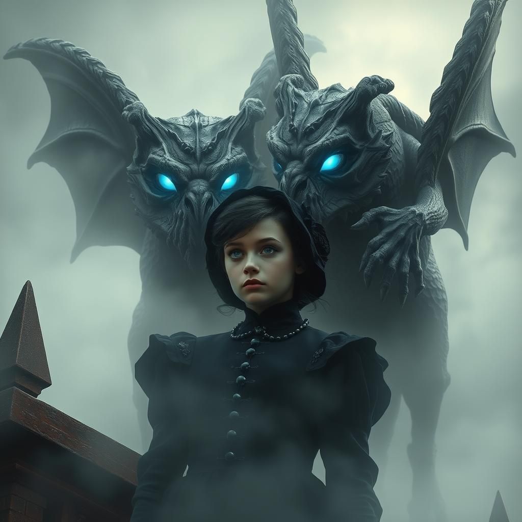 Gothic Gargoyles Watch Maiden in Dreamy Light