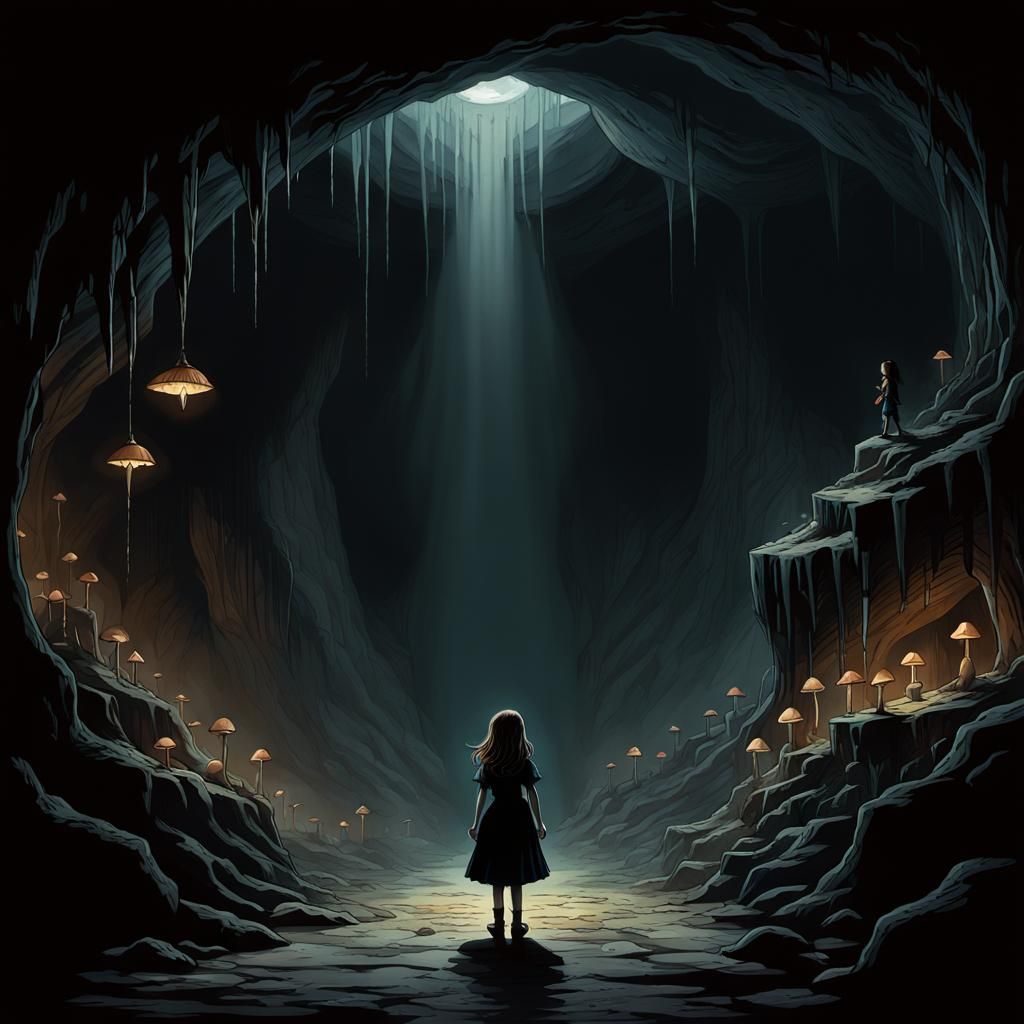 Eerie Cave Scene: Little Girl in Dark Fantasy Style