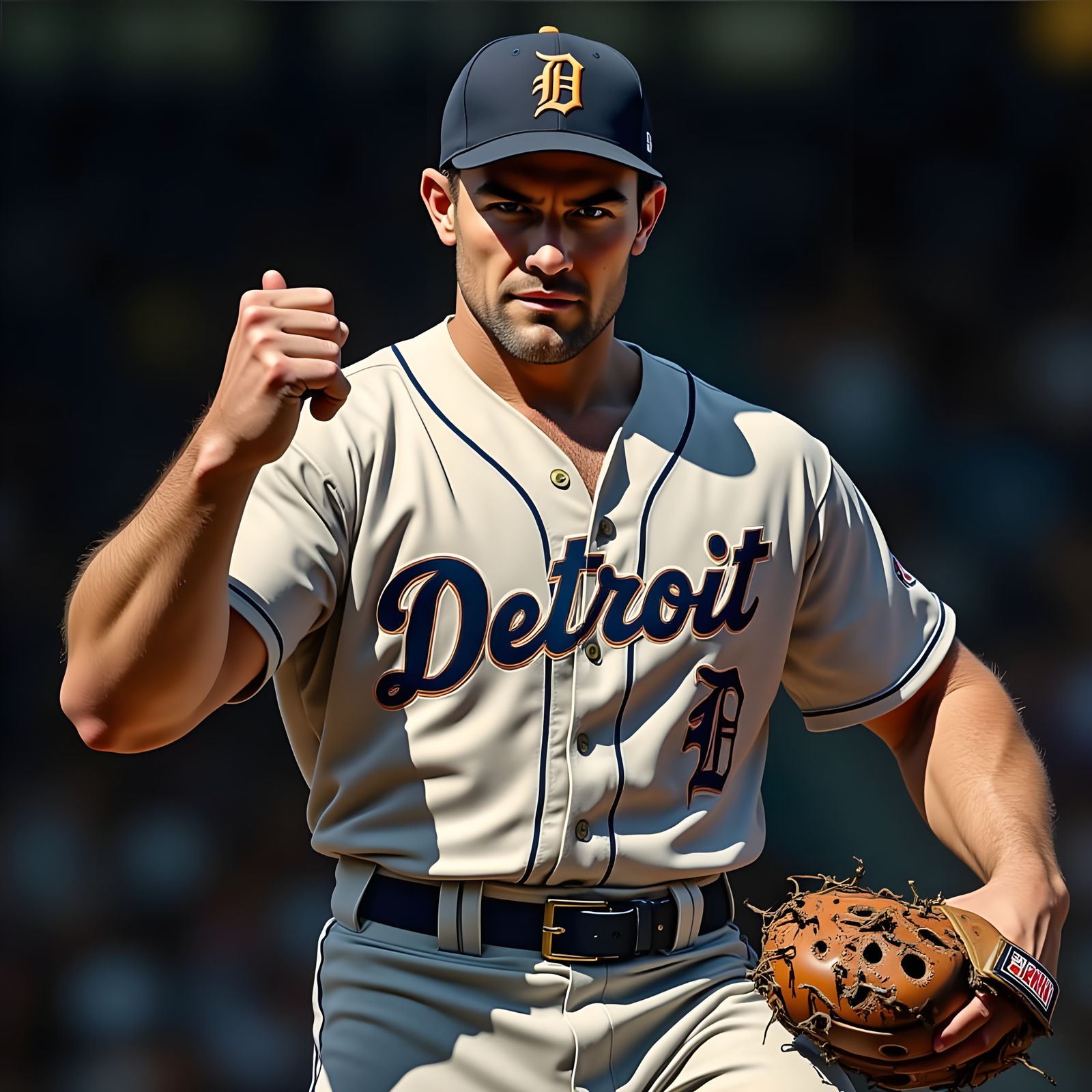 Muscular Baseball Pitcher in Detroit Tigers Uniform