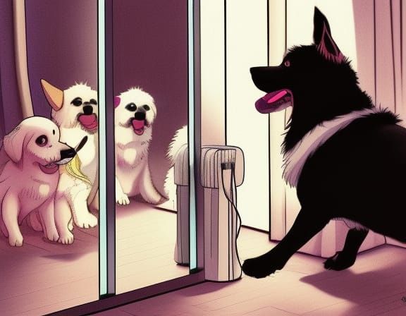 Dog Barks at Reflection: Anime Style Illustration