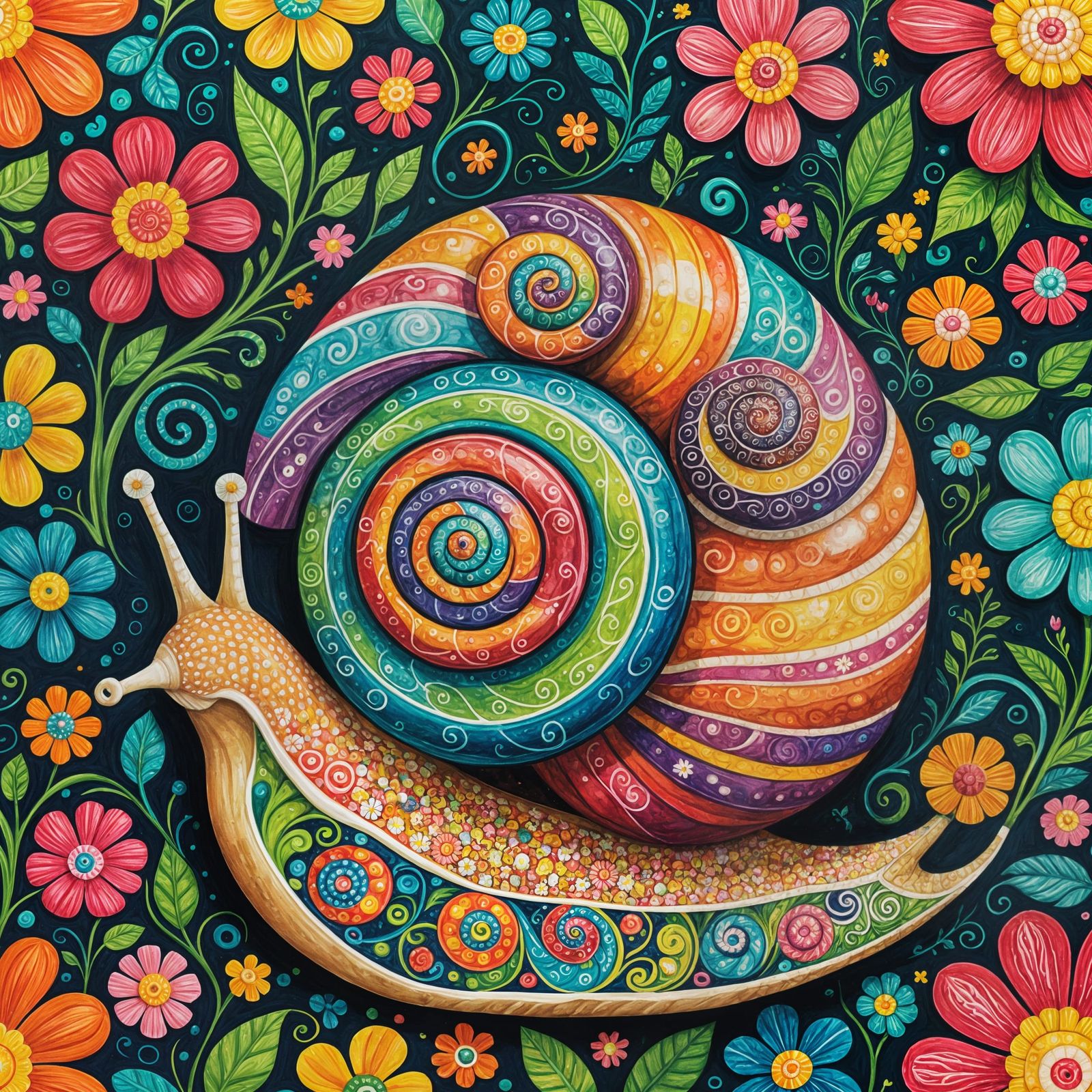 Colorful Blooming Flower Snail in Gouache Style