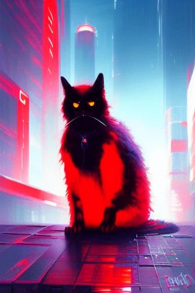 Cyberpunk Fluffy Cat with Red Symbol