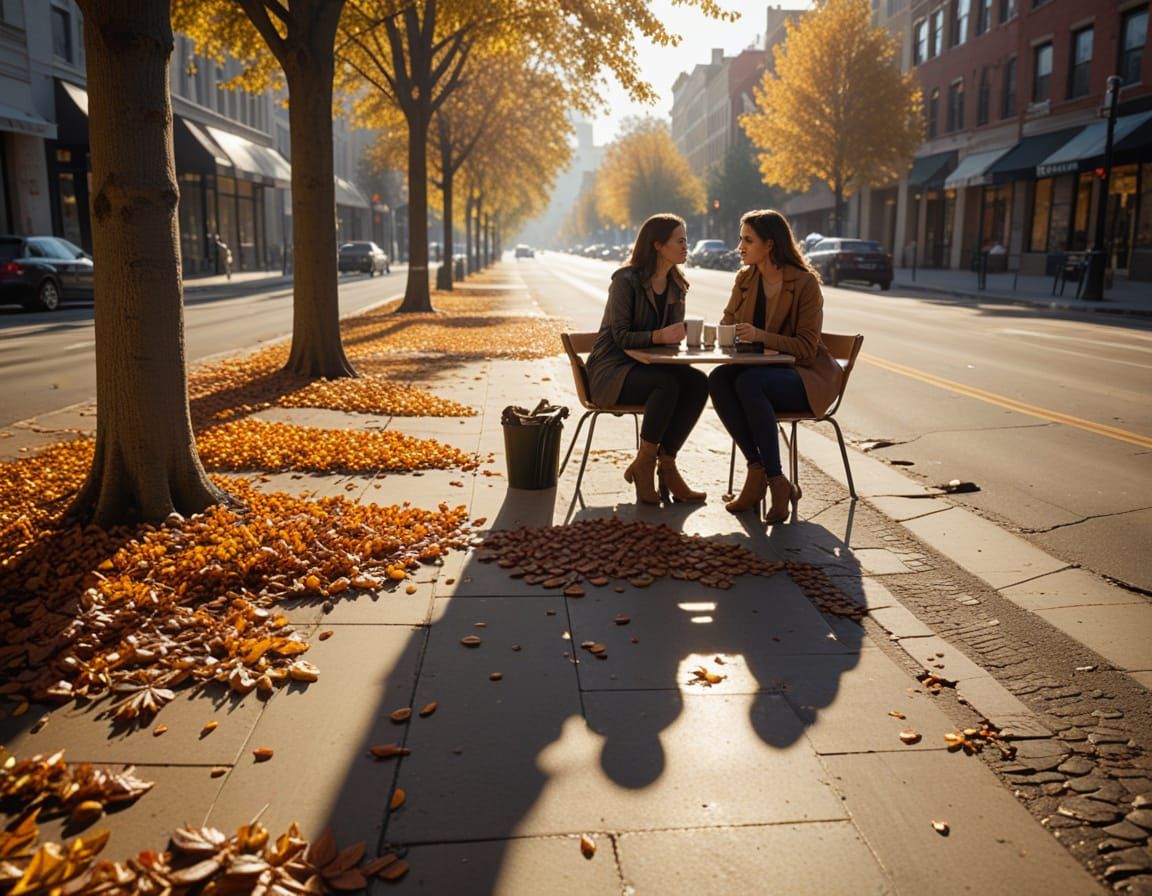 Autumn Morning Coffee in Small City Downtown