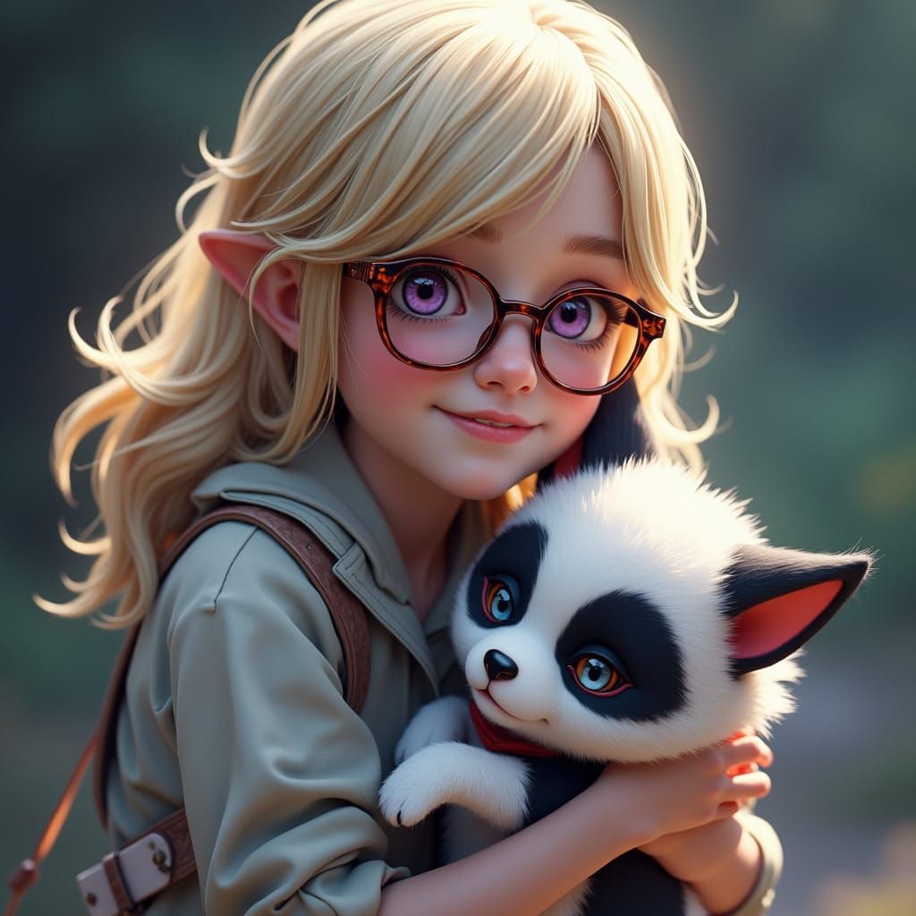 Girl with Kitsune Puppy: Hyperrealistic Digital Portrait