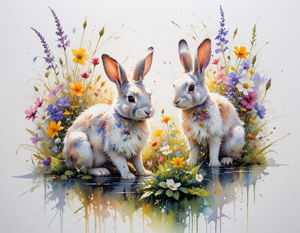 Adorable Rabbits in Sunlit River Garden