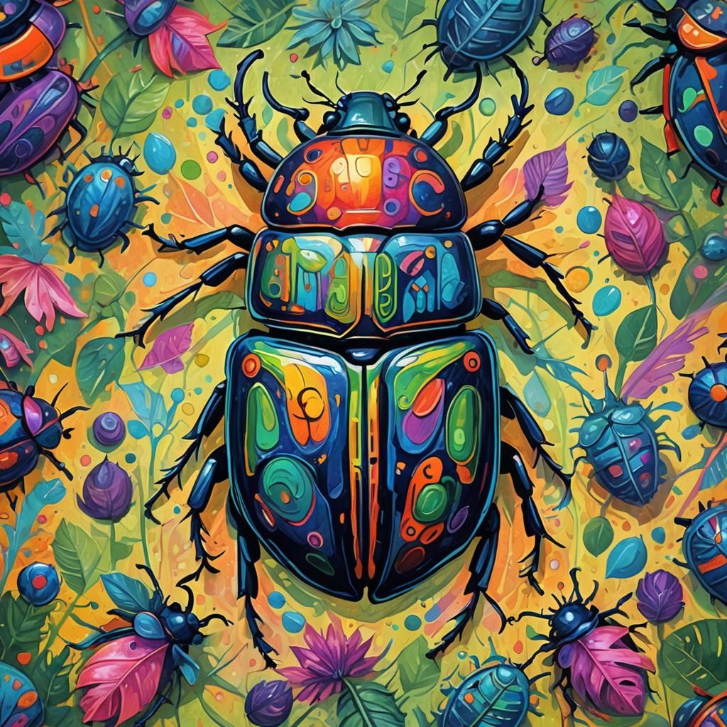 Psychedelic Neon Beetle in Gouache Style
