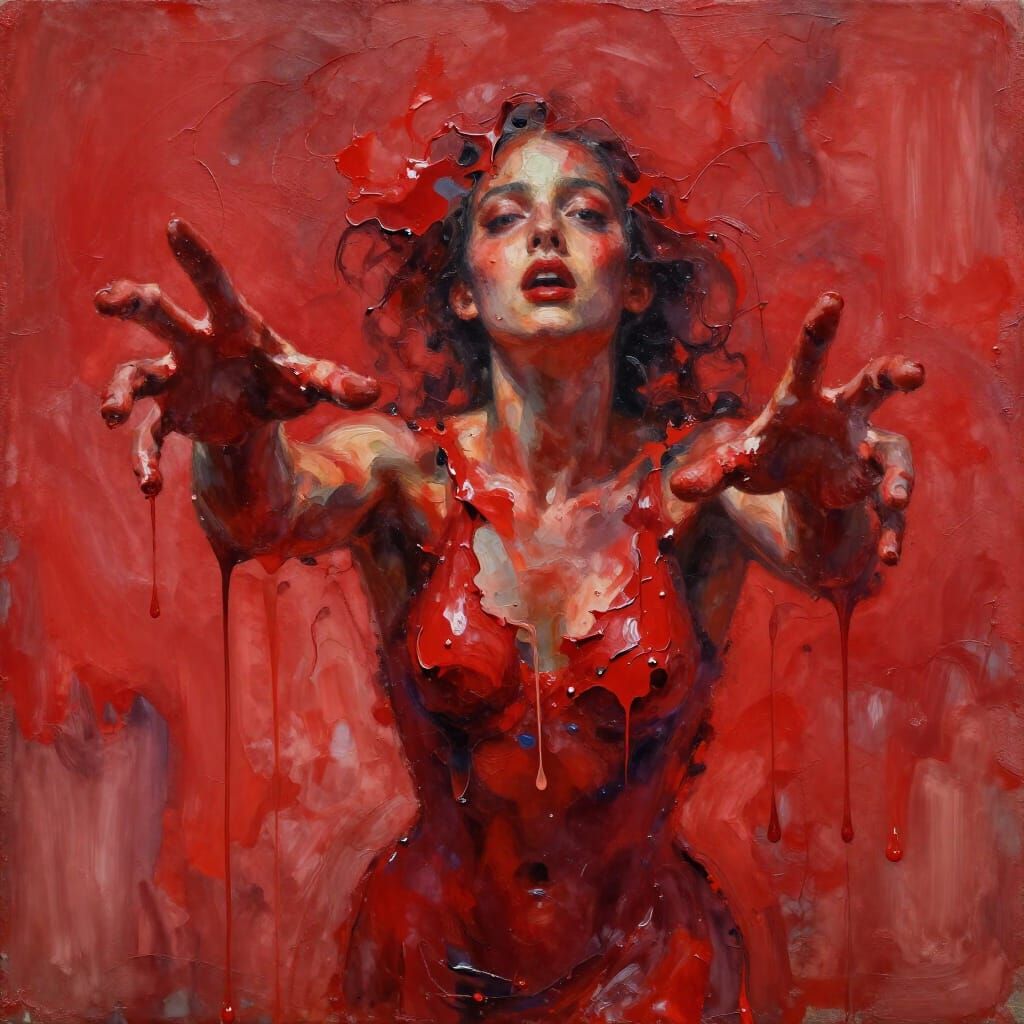Expressionist Figure Yielding to Intense Crimson Desire