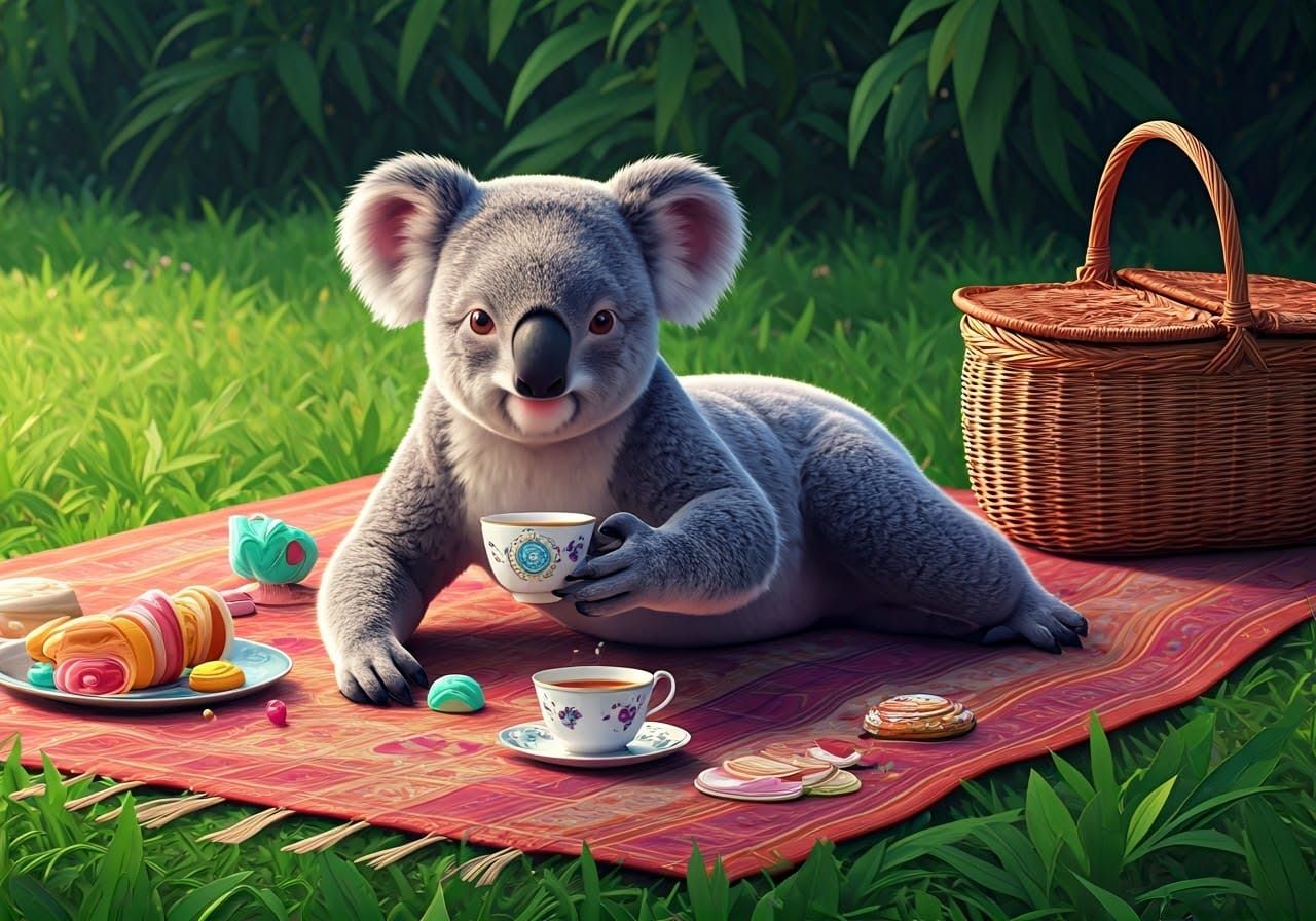 Koala's Picnic: Hyper-Realistic 3D Anime Tea Party