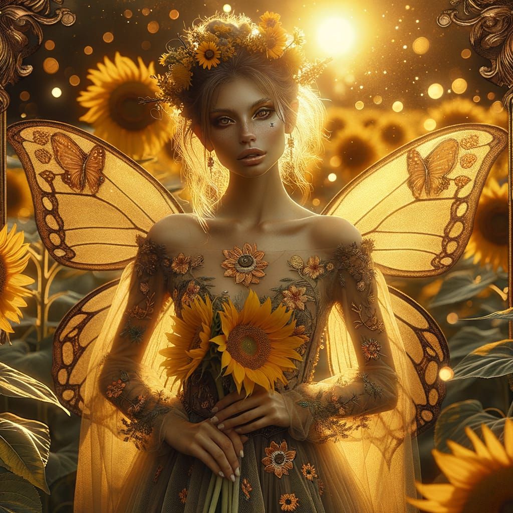 Radiant Fairy in Golden Sunflower Field Digital Art