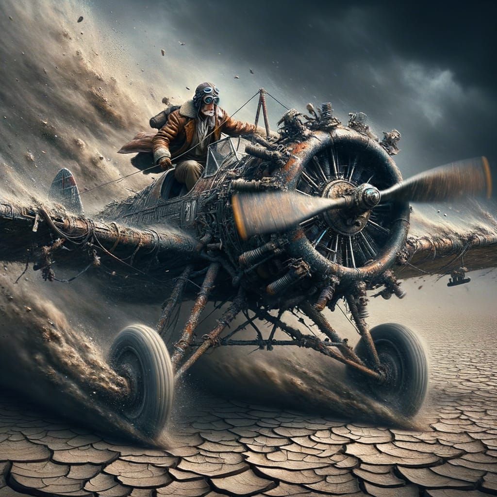 Biplane Over Barren Land in Oil Painting Style