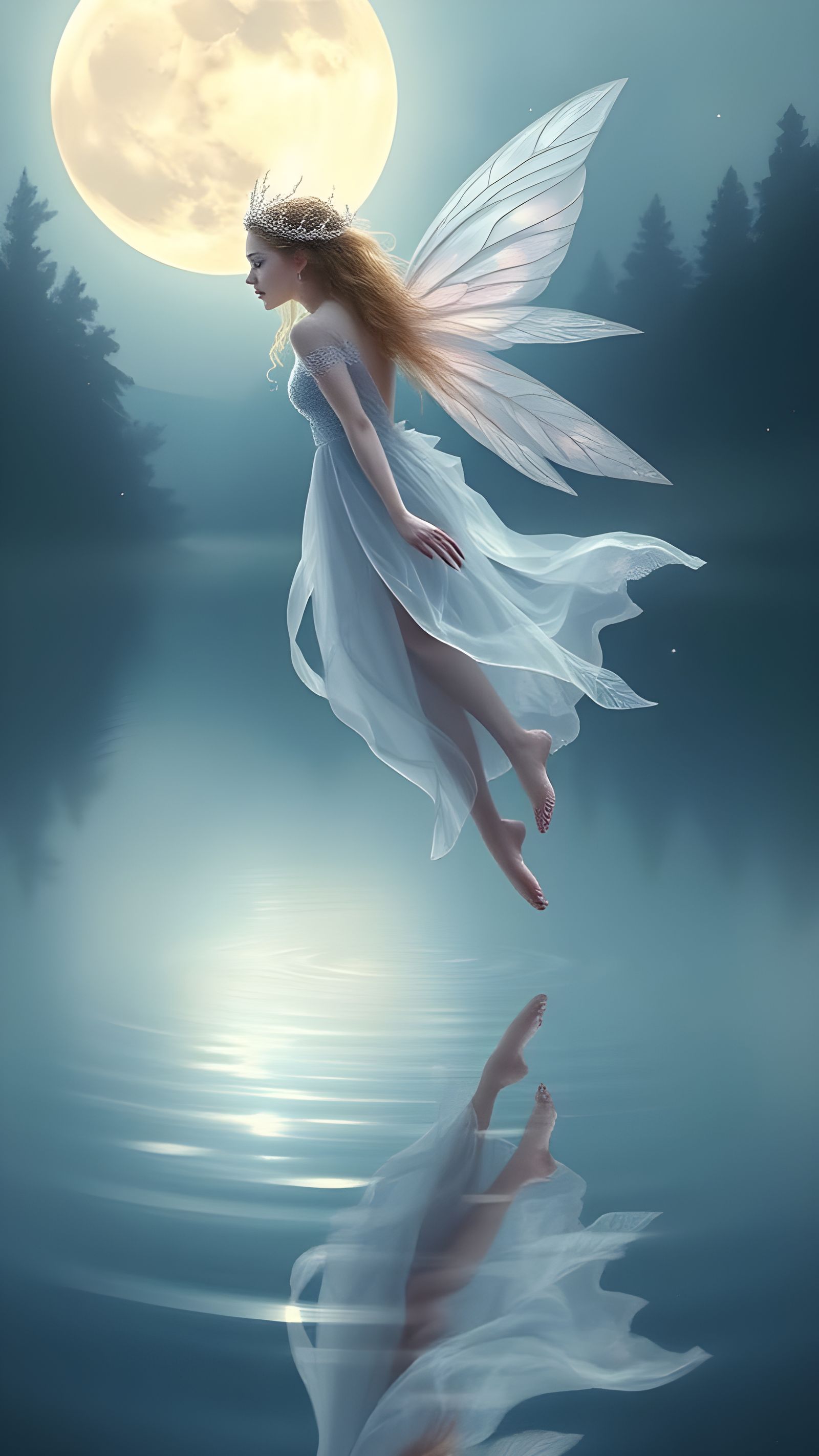 Radiant Faerie with Stardust Crown Above Moonlit Lake