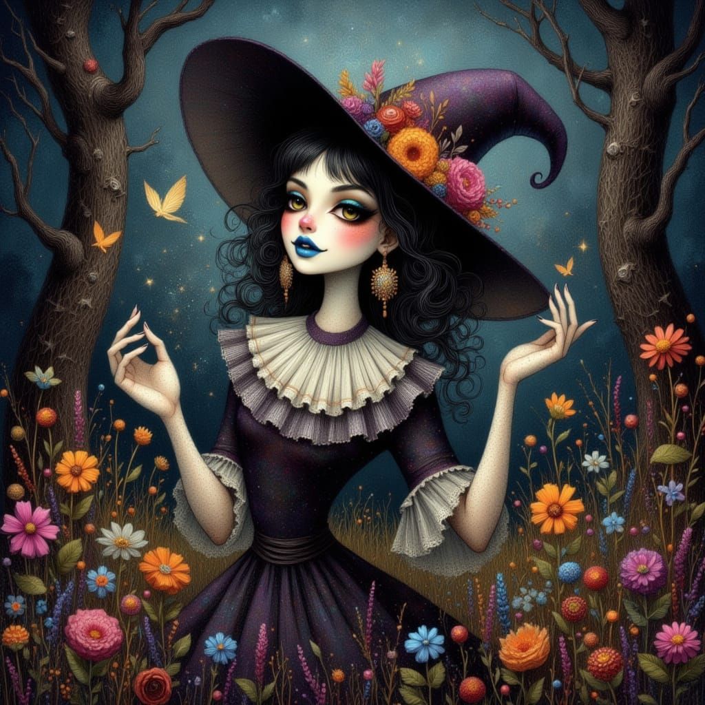 Eccentric Witch in Dark Forest, Surreal Art Style