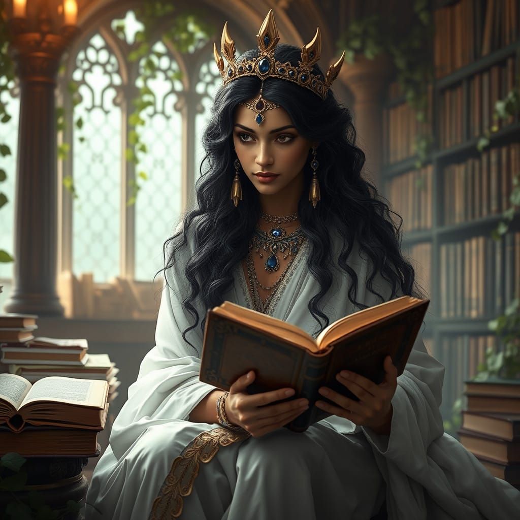 Ethereal Queen of Heaven and Earth, Mystical Library Scene,...