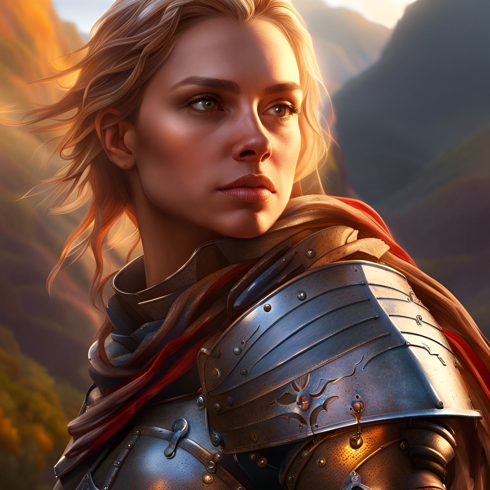 Female Knight Overlooking Valley at Sunrise