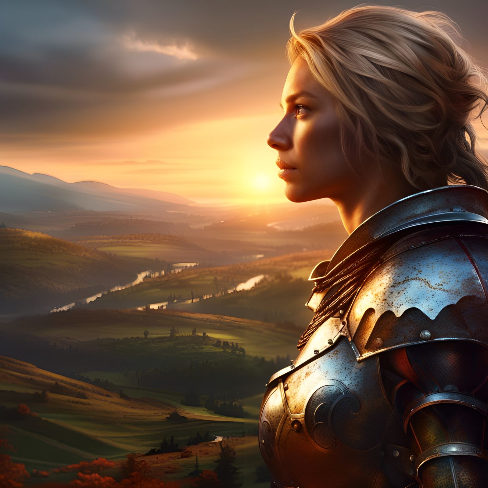 Female Knight at Sunrise Overlooking Valley
