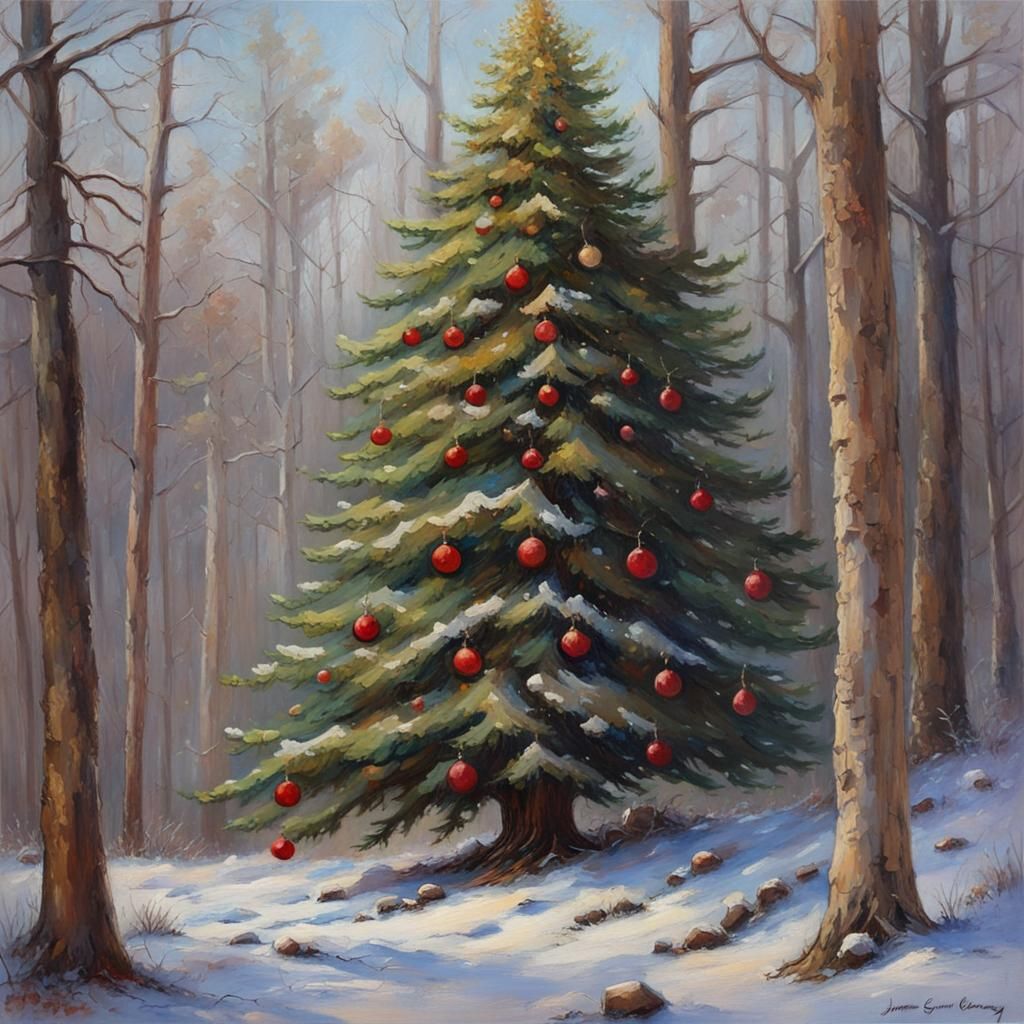 Christmas Tree in Woods, Oil Painting