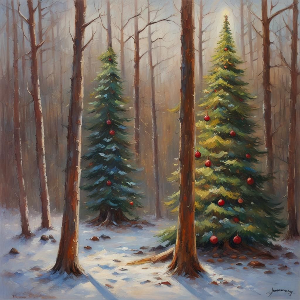 Christmas Tree in Snowy Woods: Oil Painting