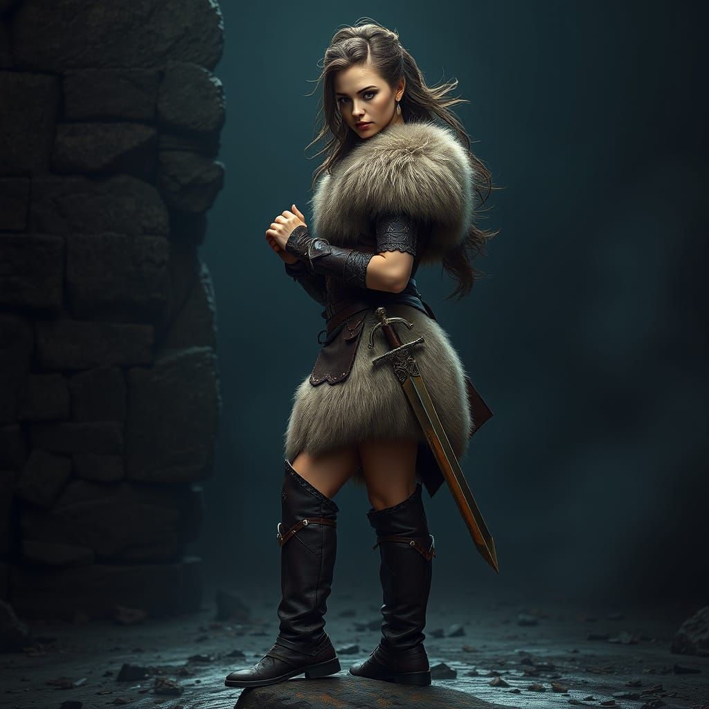 Hyperrealistic Warrior Queen in Fur Armor