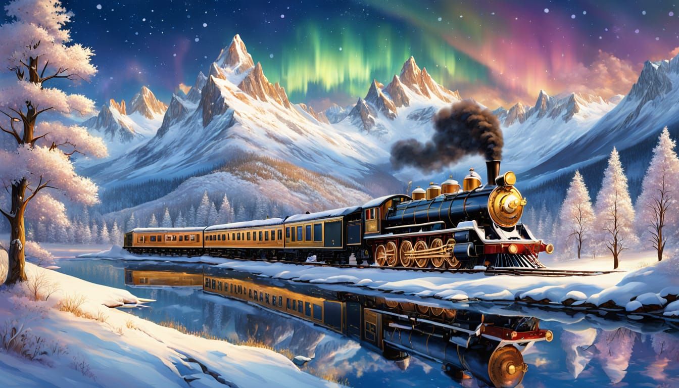 Golden Steam Train in Aurora Winter Wonderland