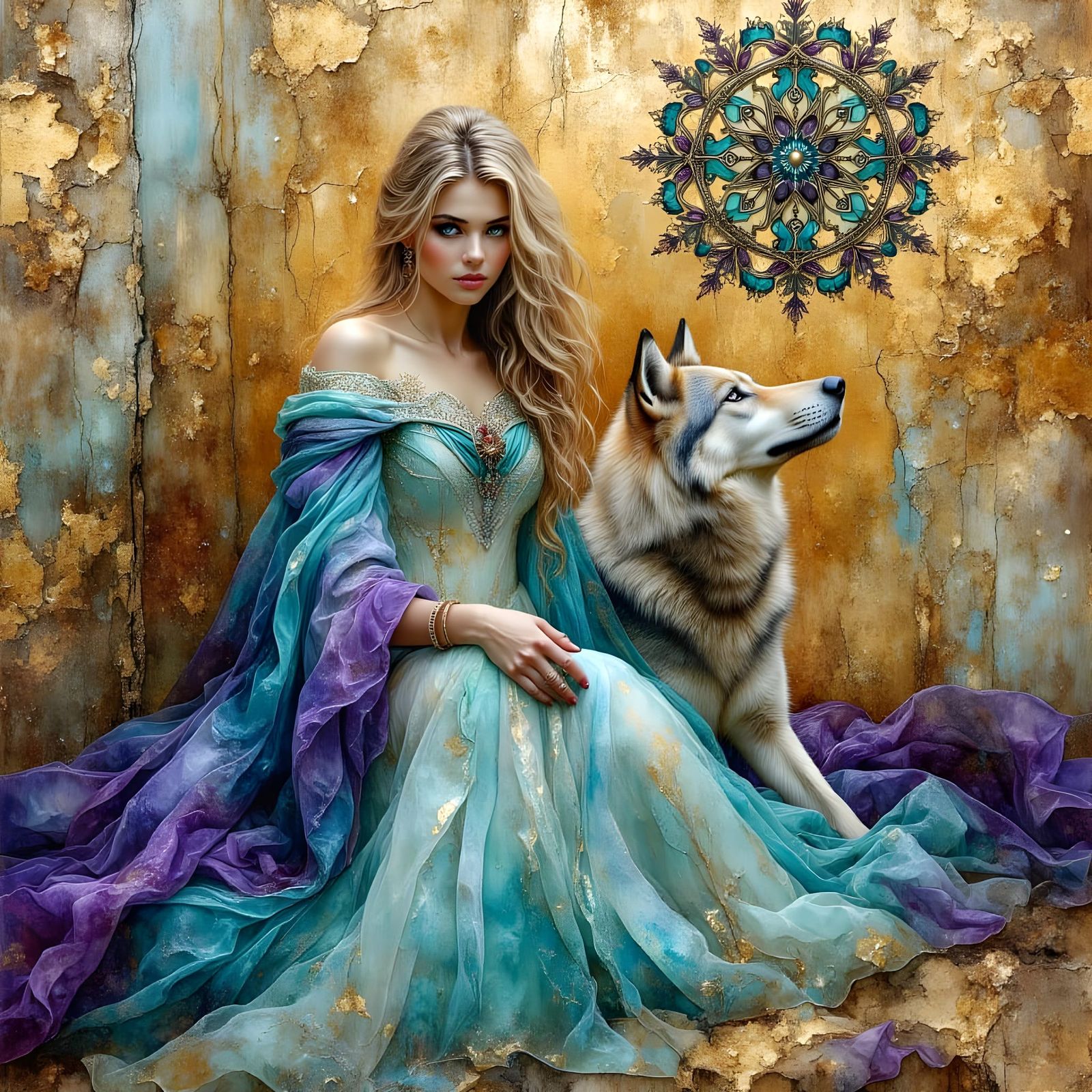 Sensual Woman with Wolf in Oil Painting Style