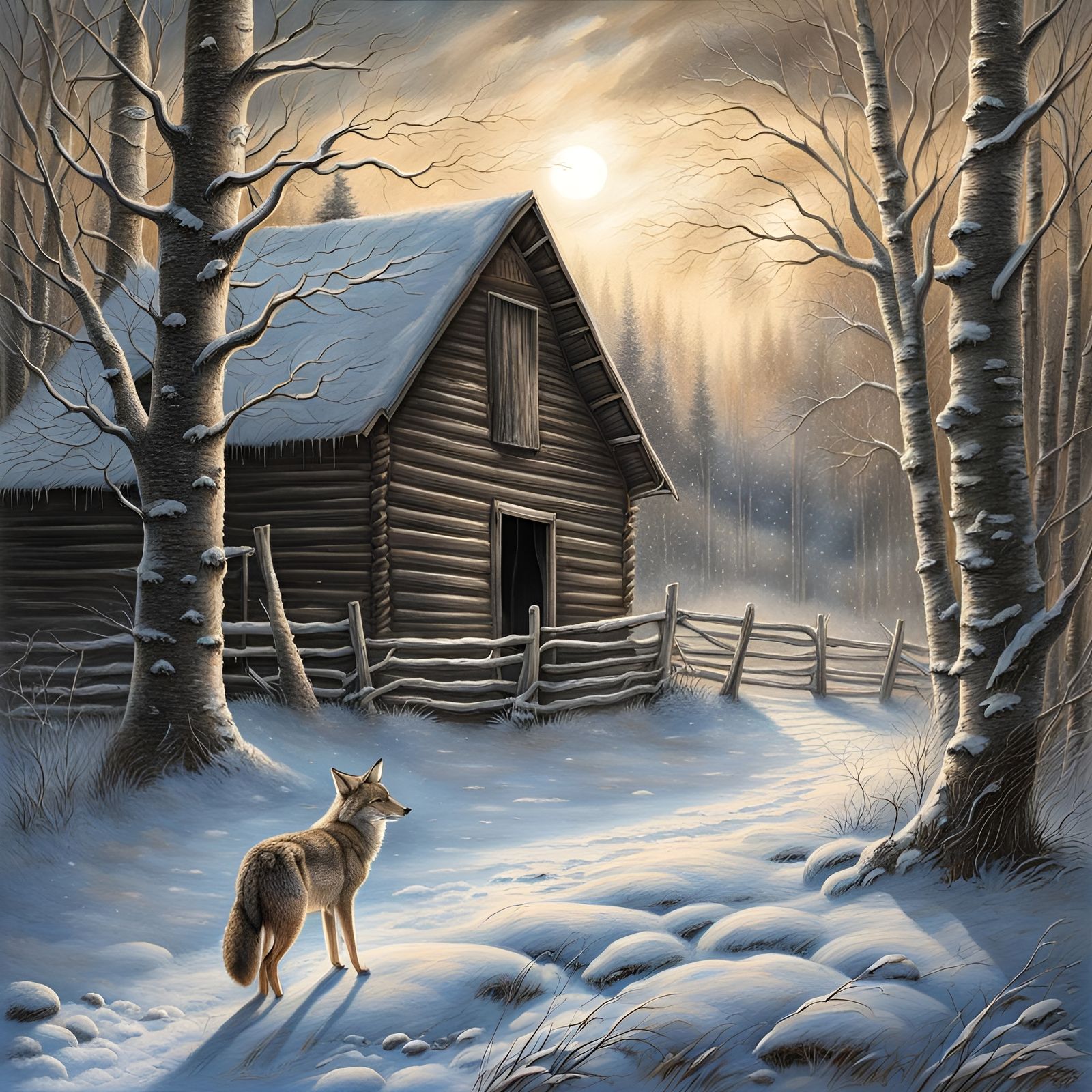 Detailed Ink Drawing of Coyote in Winter Landscape