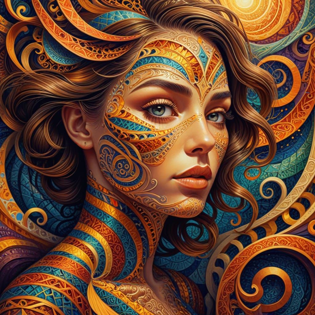 Zentangle Woman in Maze: Surreal Oil Painting