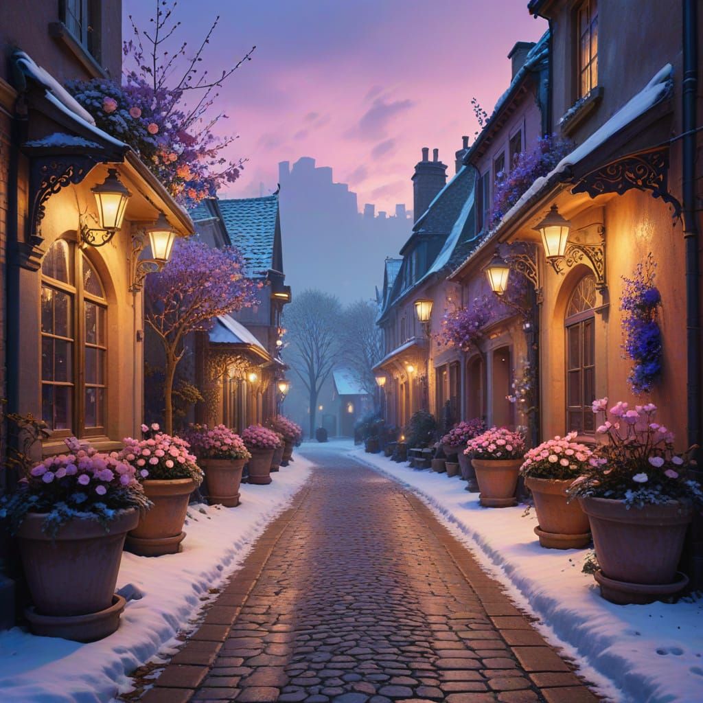 Magical Winter Twilight Village Scene with Victorian Charm