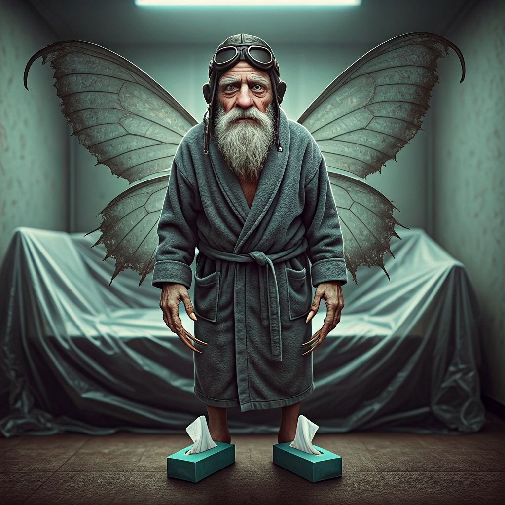 Old Fairy with Tissue-Box Shoes in Gloomy Apartment