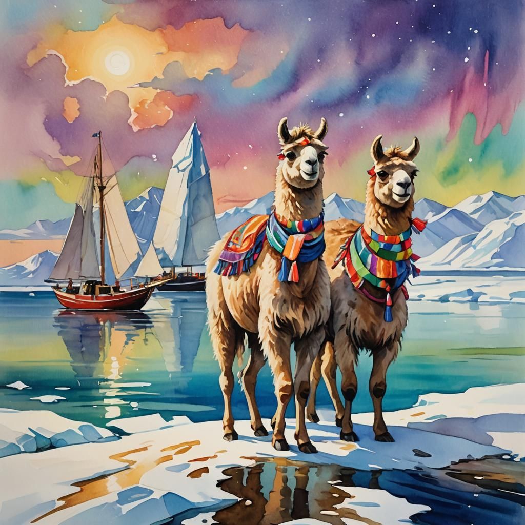 Arctic Llama and Camel Sail in Impressionist Style