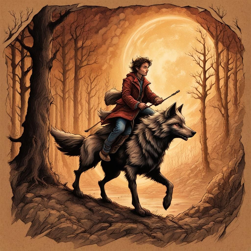 Peter Rides Wolf in Fairytale Illustration