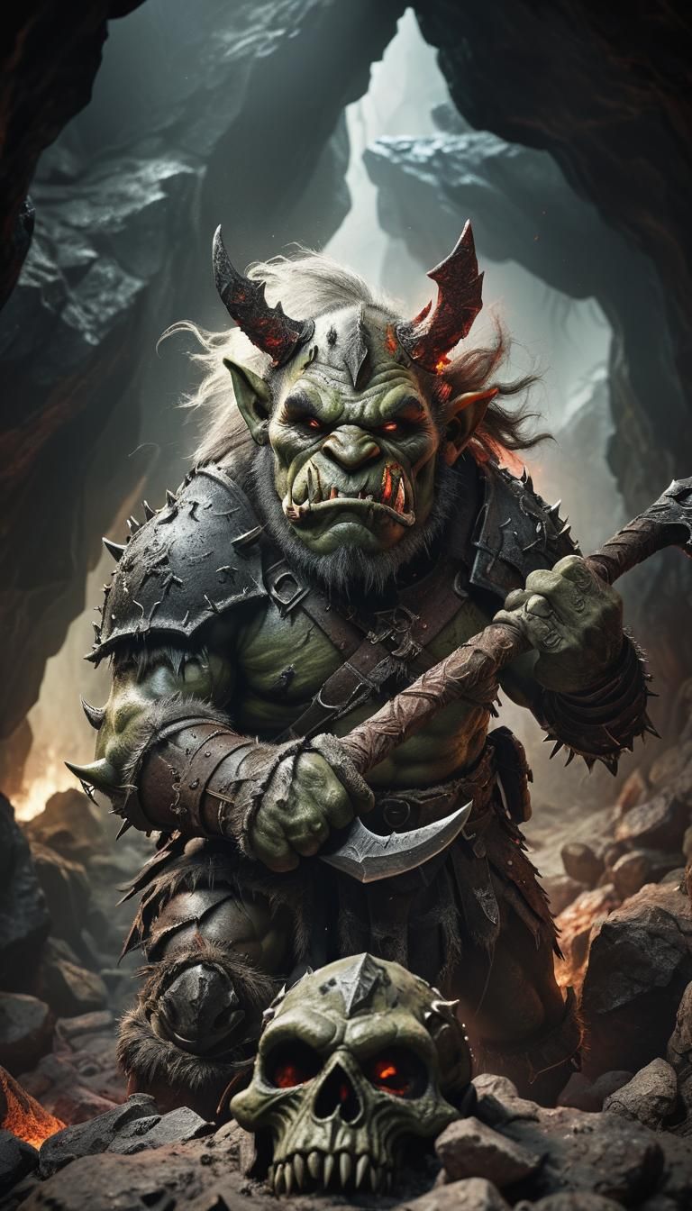 Orc Warrior in Dimly Lit Cave