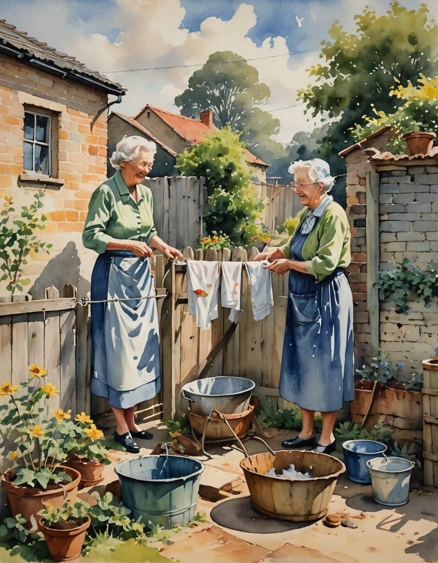 1950s Watercolour of Ladies Chatting Over Fence