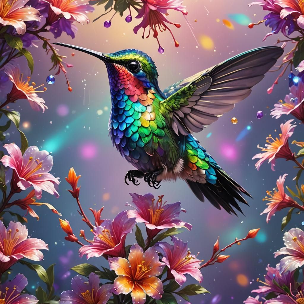Iridescent Kawaii Hummingbird at Magical Flower